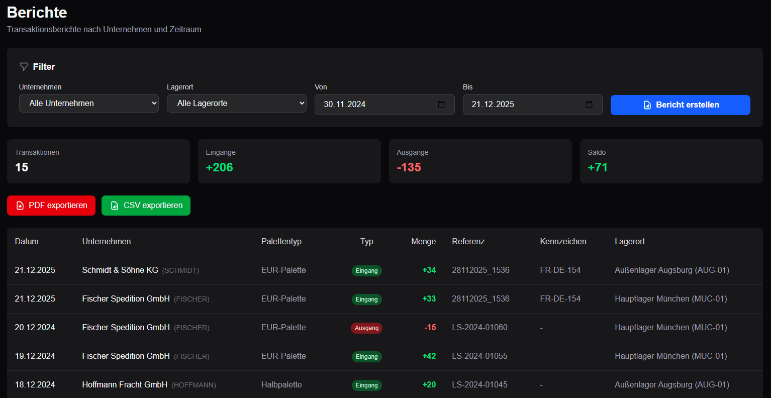 Paletti Berichte - PDF und CSV Export